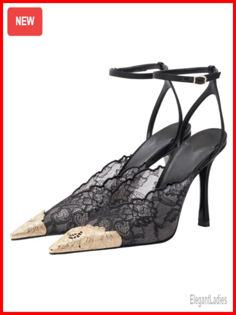 Metal Pointed Toe Lace Mesh Buckle Stiletto Heels Evening Party Pumps